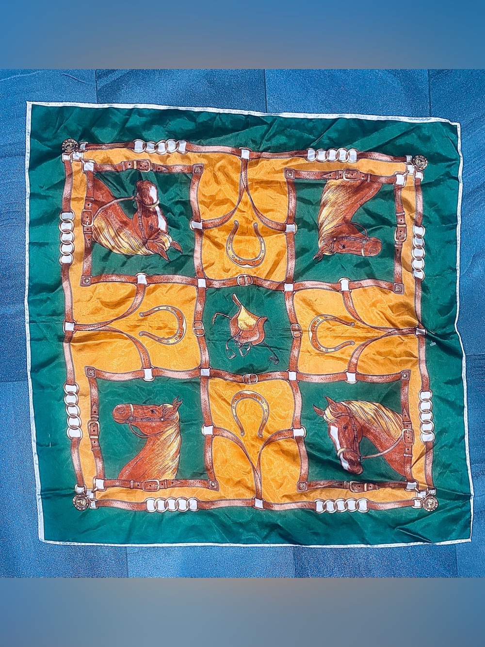 Vintage Equestrian Print Decorative Scarf - Green & Gold